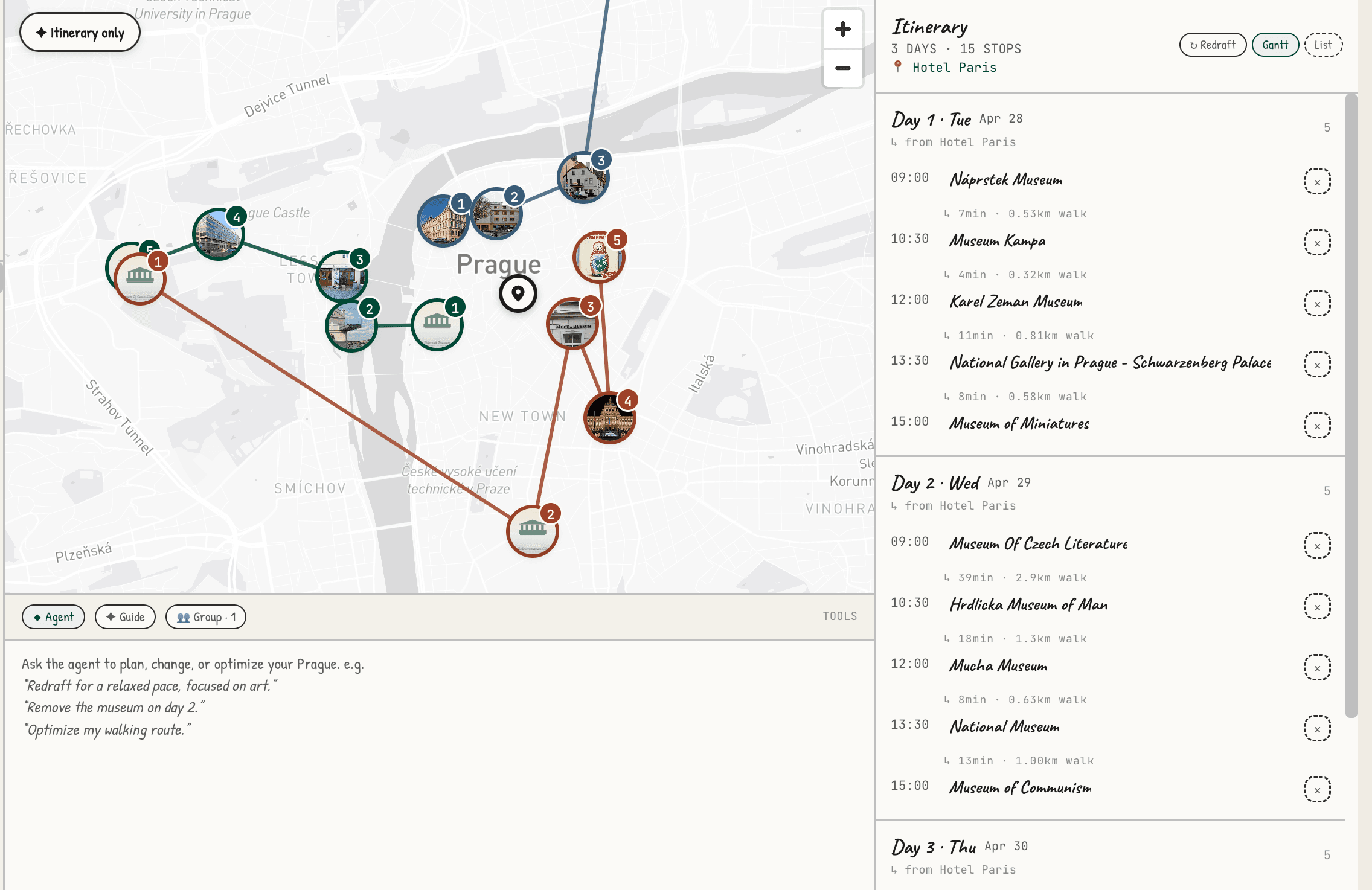 Audiala trip planner showing a Prague 3-day itinerary, color-coded routes across the city map, and the full schedule on the side.